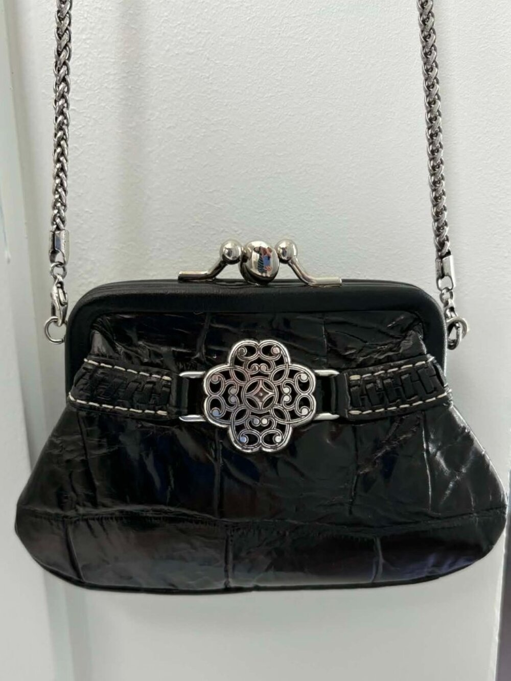 Brighton “Serendipity” Coin Purse – Small Black Bag w Silver-Tone Chain Strap